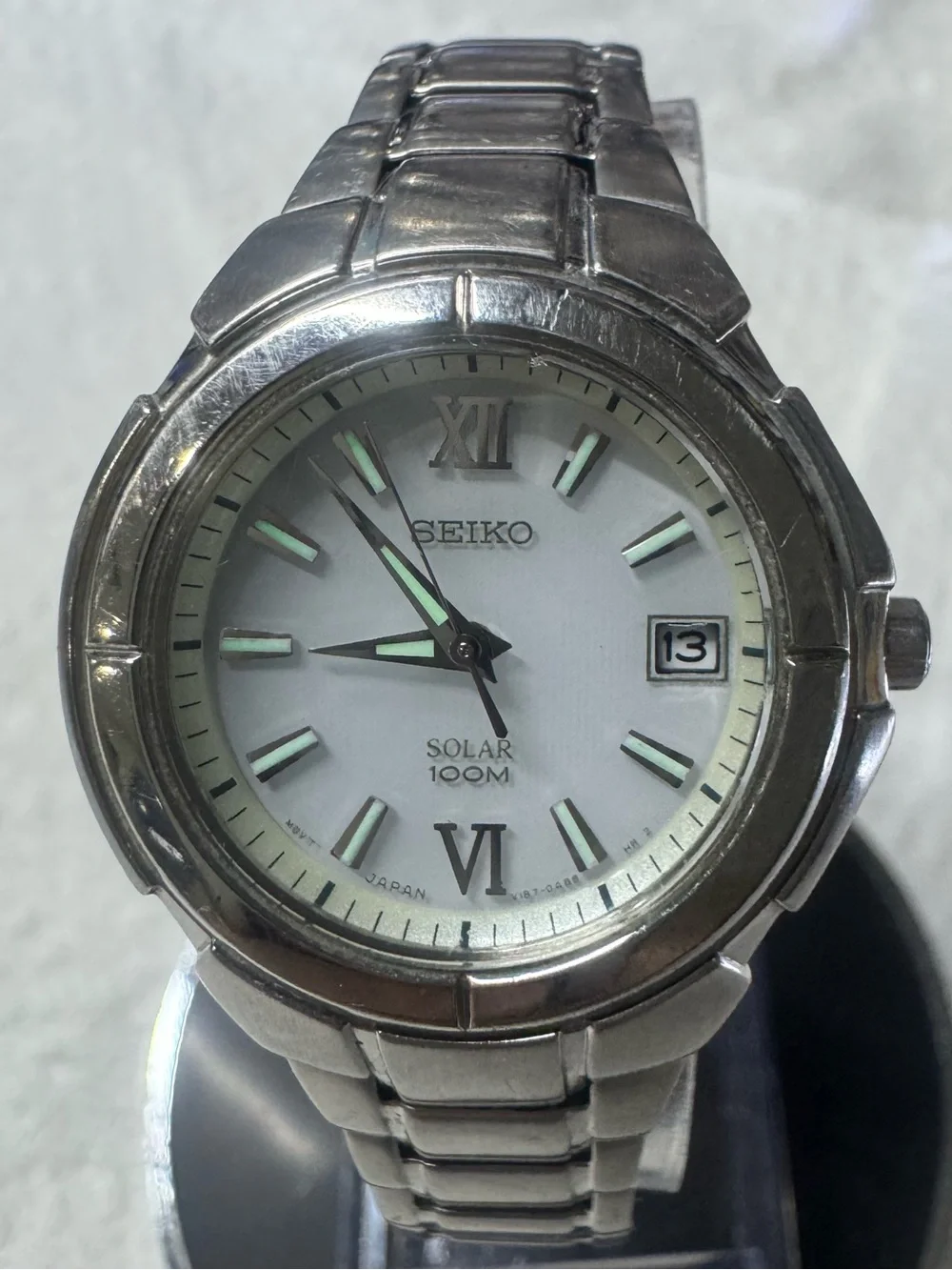Seiko Silver Stainless Steel Watch with White Dial and Luminous Hands